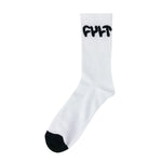 Introducing the Cult Logo Socks: unisex white socks featuring "CULT" boldly printed in black near the top and a distinctive black toe area. Designed with both comfort and style in mind, these sleek socks come in one size that fits most.