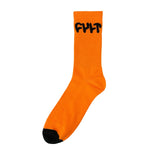 Cult Logo Socks feature a vibrant orange design with a sleek black toe and bold "CULT" lettering in black near the top.