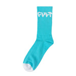 A pair of Cult Logo Socks in unisex aqua blue, featuring a white toe and heel with the word "Cult" emblazoned in white text on the cuff.