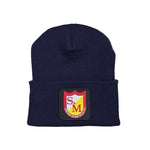 The S&M Dense Cuffed Beanie, in navy blue and made from hypoallergenic acrylic, is adorned with a red and yellow shield-shaped patch labeled "S&M American Bicycle Co." It provides a comfortable fit, accommodating most head sizes.