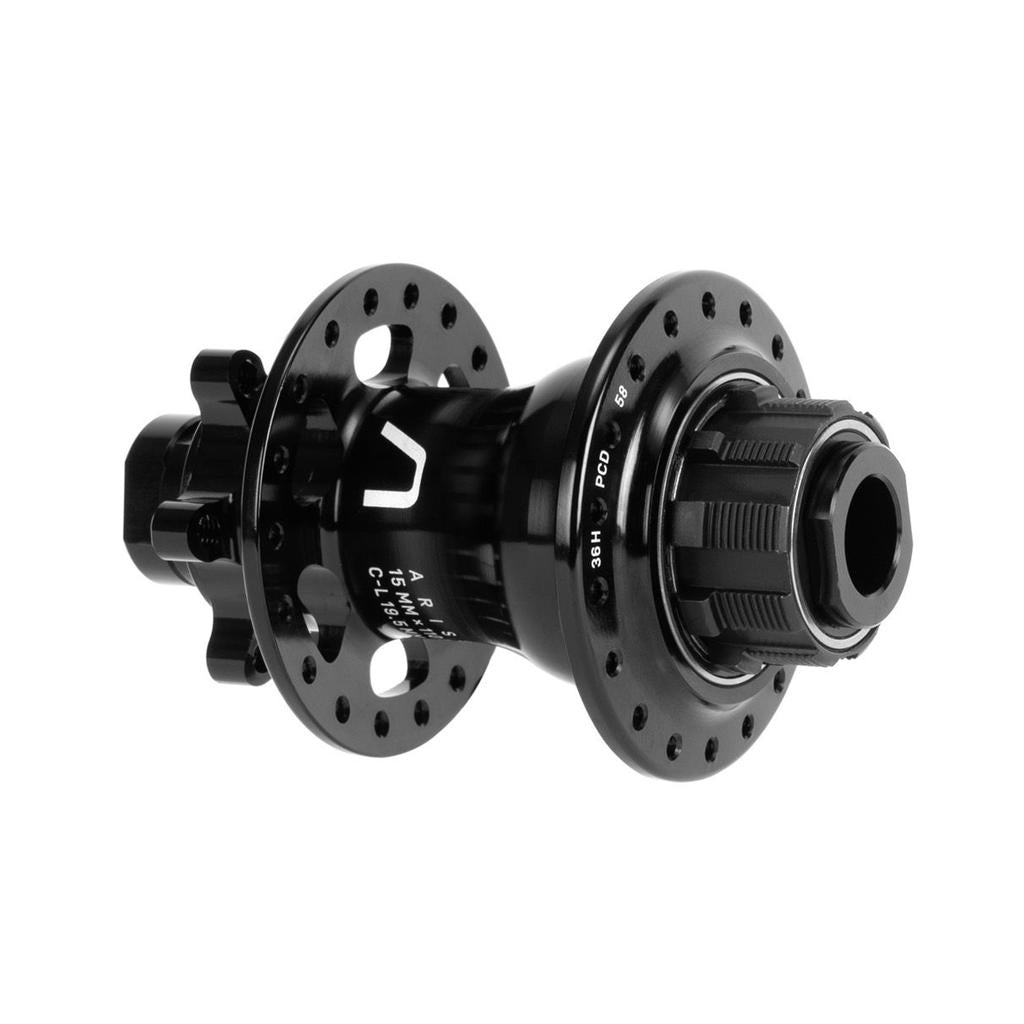 Introducing the Arise Echo Disc Rear Hub: a black, lightweight metal bicycle rear hub with multiple spoke holes and a double ratchet system for improved performance and reliability.