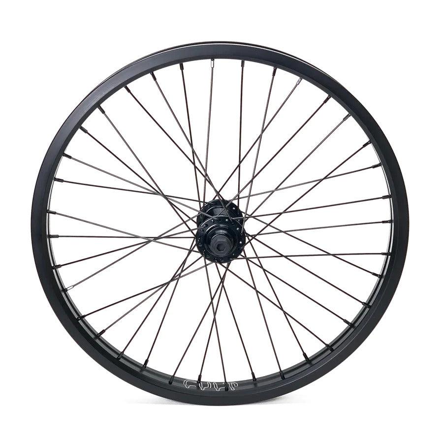 The Cult Devotion 20 Inch Front Wheel is constructed with a black metal rim and spokes, and includes a smooth, sealed hub for improved performance.