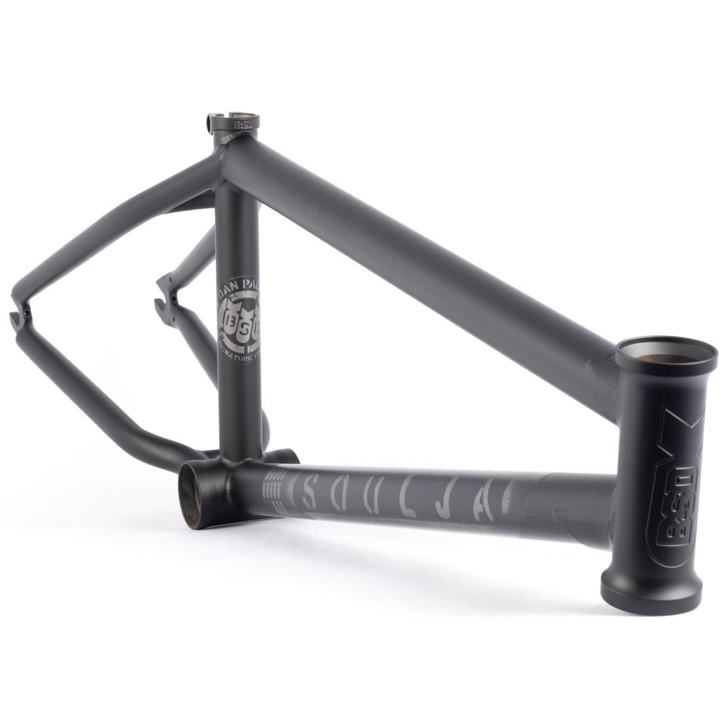 The BSD Soulja V4 Frame (2022) is a matte black BMX frame for freestyle riding, featuring visible branding, invest cast dropouts for enhanced durability, and SuperScoop chainstays for improved performance.