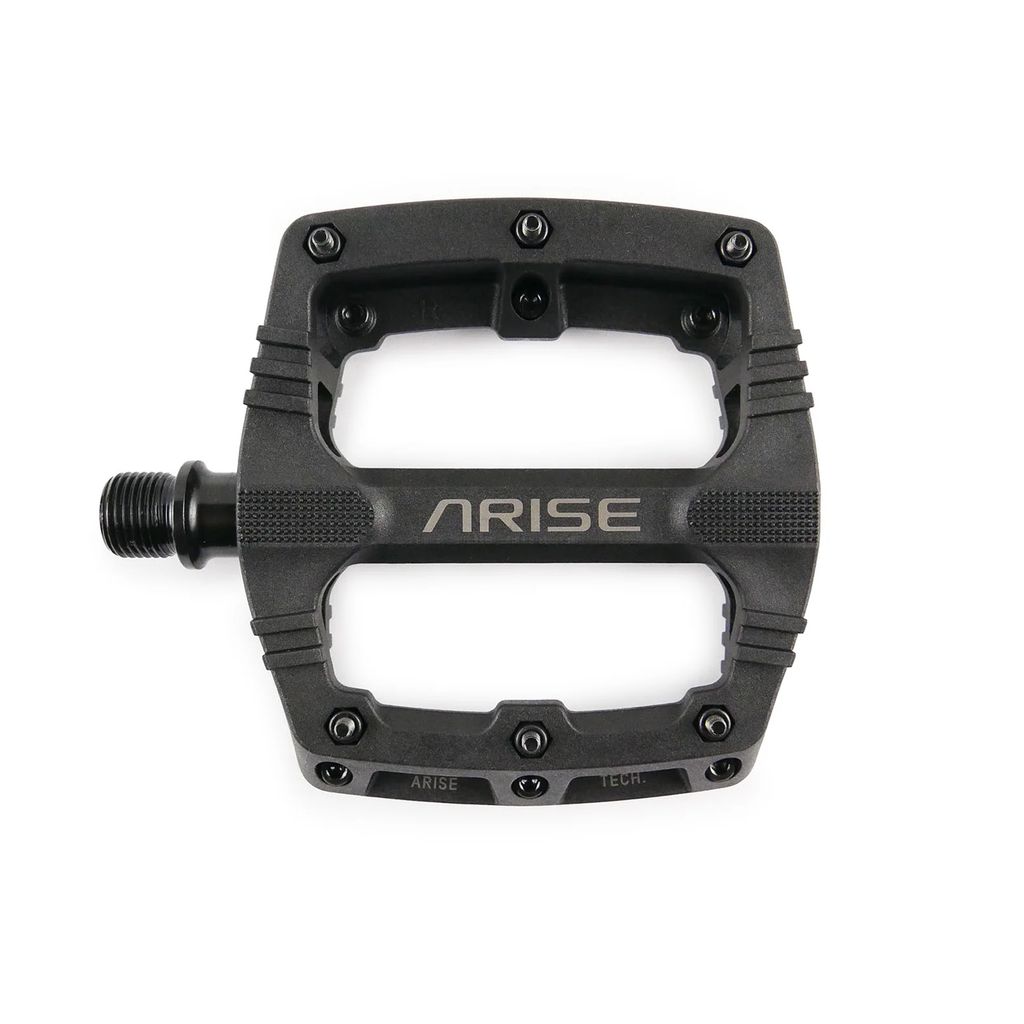 The Arise Xenon Mini Pedals (Nylon) in black feature a textured surface and metal bolts, boasting a lightweight design with sealed bearings for enhanced grip.