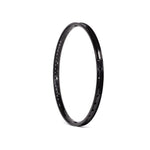 The Arise Argon Pro Rim (Rear) is a sleek, black bicycle rim featuring multiple spoke holes and striking white text along the edge. This lightweight pro-level rim is designed for optimal performance, is tubeless ready, and is perfect for serious cyclists.