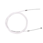 A sleek white Odyssey Linear Slic K-Shield BMX brake cable, coiled elegantly on a matching white background, awaits the touch of premium BMX brake levers.