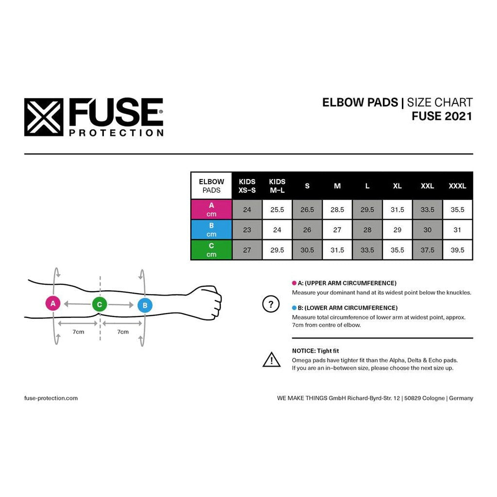 Explore the Fuse Omega Elbow Pads size chart, with measurements in cm and inches from XS to XXXL. Made of breathable Lycra, it includes upper and lower arm circumference details, a tight fit note, and SAS-TEC inserts for extra safety.