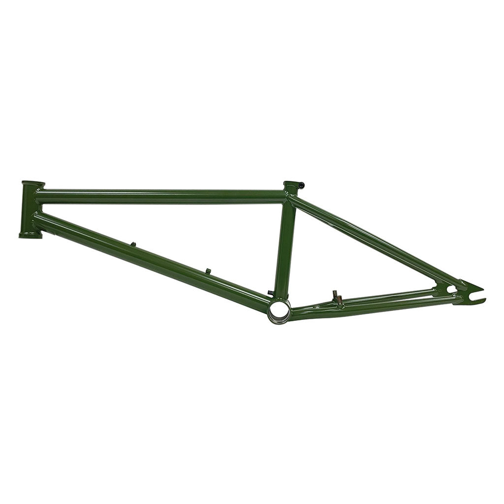 The S&M C.C.R. 14mm Dropout Frame, a Clint Reynolds signature piece, impresses with its sleek green design against a white backdrop for optimal performance.