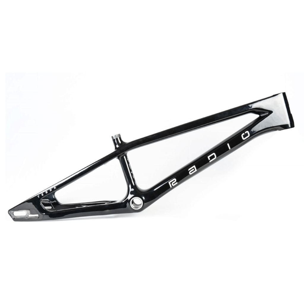 Radio Raceline Terra Pro XXXL Frame in black, featuring the word "Radio" on its side, crafted from lightweight carbon fibre and displayed against a white background.