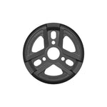 The Cinema Reel Guard Sprocket is a black metal bicycle sprocket, expertly CNC machined from 7075-T6 aluminum, featuring a multi-spoke design with three circular cutouts.