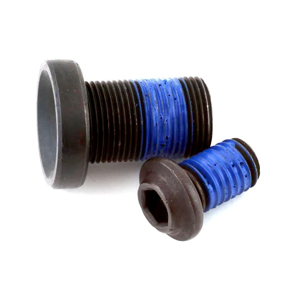 Two threaded bolts with blue thread sealant. The larger bolt (15x1mm) has a flat head, while the smaller bolt has a hexagonal socket head. Ideal as replacement spindle bolts for Fiend Team Crank Spindle Bolt Kit.