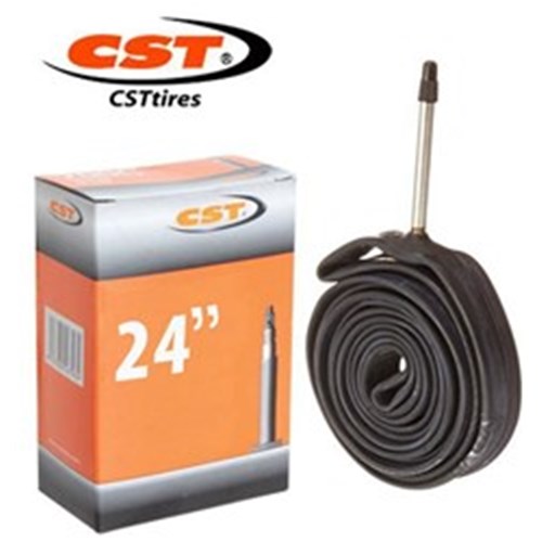 A CST TUBE 24 X 1-3/8 Inch - Presta Valve 60mm branded box labeled "24"" next to a rolled-up bicycle tube with a Presta Valve stem.