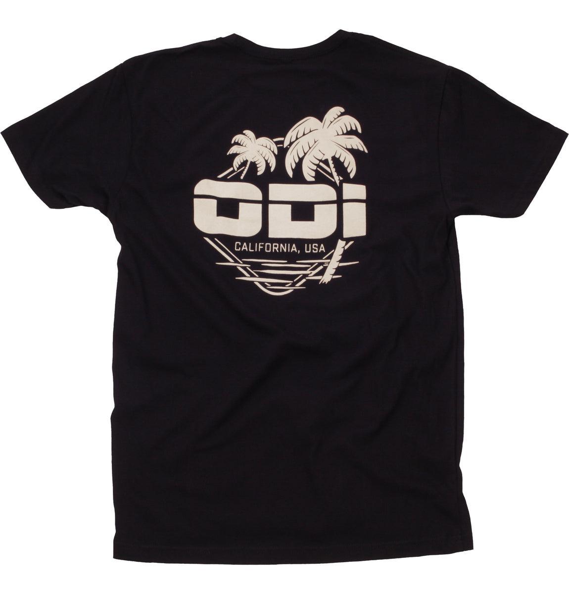 The ODI California T-Shirt is an ultra-soft black tee featuring a white palm tree design and the text "California, USA" and "ODI Riders" on the back.