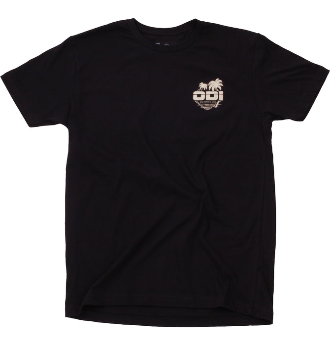 The ODI California T-Shirt is black with a small "DDI" logo and palm trees design on the upper left chest. Made from ultra-soft fabric for comfort, it features a subtle and elegant touch using water-based ink.