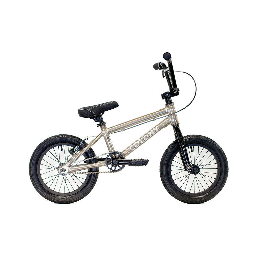 The Colony Horizon 14 Inch Bike features a compact BMX design with a lightweight alloy frame, complemented by black handlebars and wheels, viewed from the side.