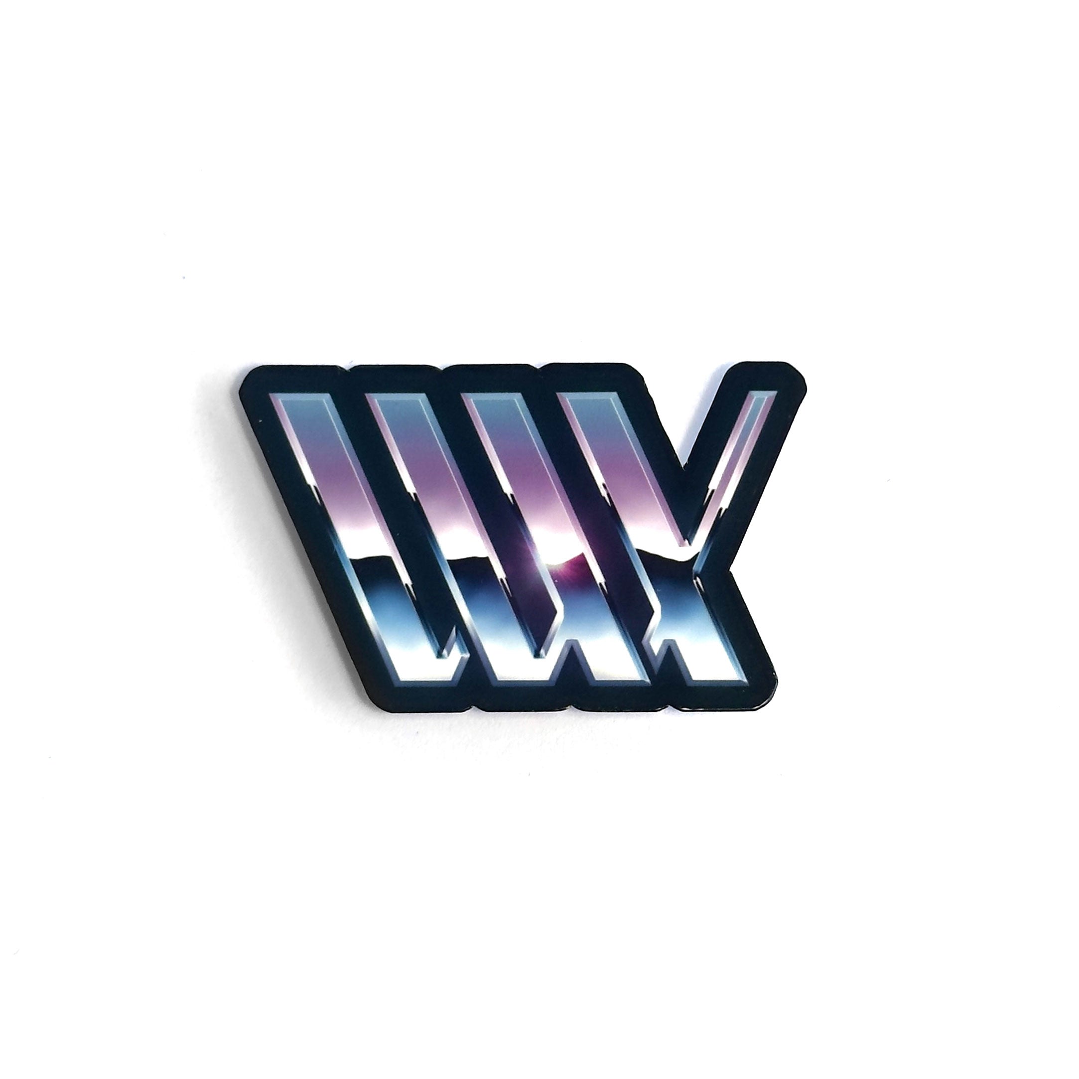 LUXBMX Cyber Sticker showcasing a reflective, multicolored gradient with the letters "WY", invoking the style of Mitch Wood artwork.