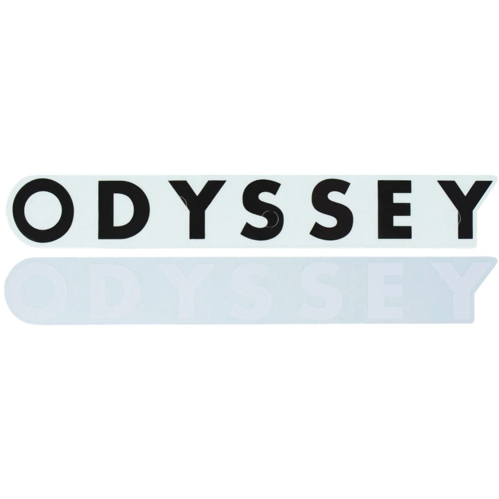 The image displays the word "ODYSSEY" in bold, black uppercase letters with a subtle reflection beneath it, accompanied by Odyssey Hazard Lite rim decals, which are available in either black or white options.