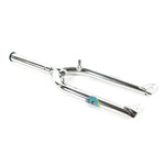 A chrome Colony Sweet Tooth Fork with brake mounts, featuring a colorful decal on one side, placed on a plain white background.