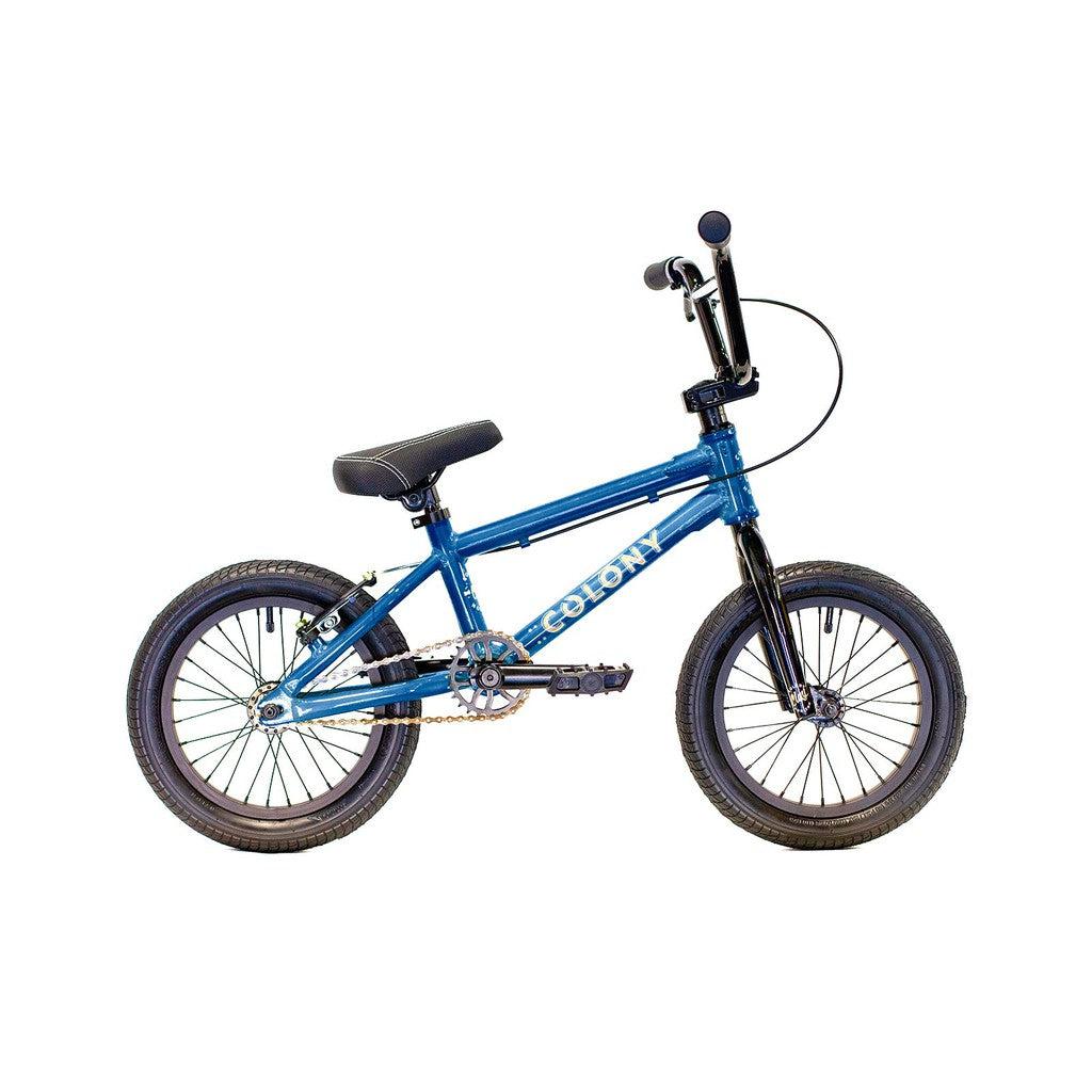 The Colony Horizon 16 Inch Bike catches the eye with its black seat and handlebars, robust tires, and minimalist frame design set against a white background, making it an ideal choice for BMX Freestyle fans.