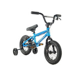 The Colony Horizon 12 Inch Bike is a vibrant blue children's bicycle that boasts a lightweight alloy frame, sturdy training wheels, black handlebars, and a comfortable black seat.