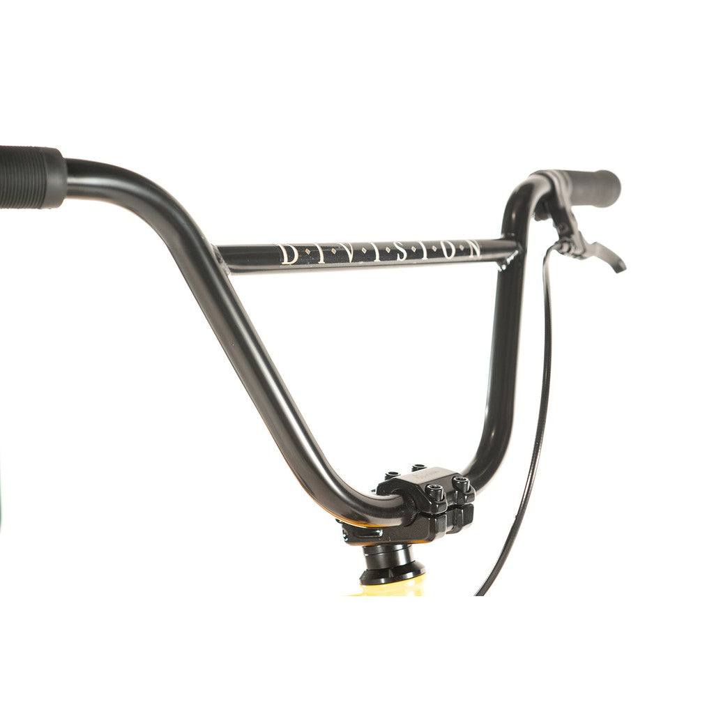 Close-up view of the black bicycle handlebars with a brake lever and cable, set against a white background, showcasing the sturdy build of the Division Reark 20 Inch Bike.