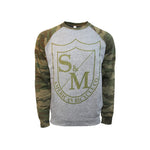 Grey sweatshirt with camo sleeves featuring a large S&M Big Shield Crew Neck Sweatshirt logo on the front.