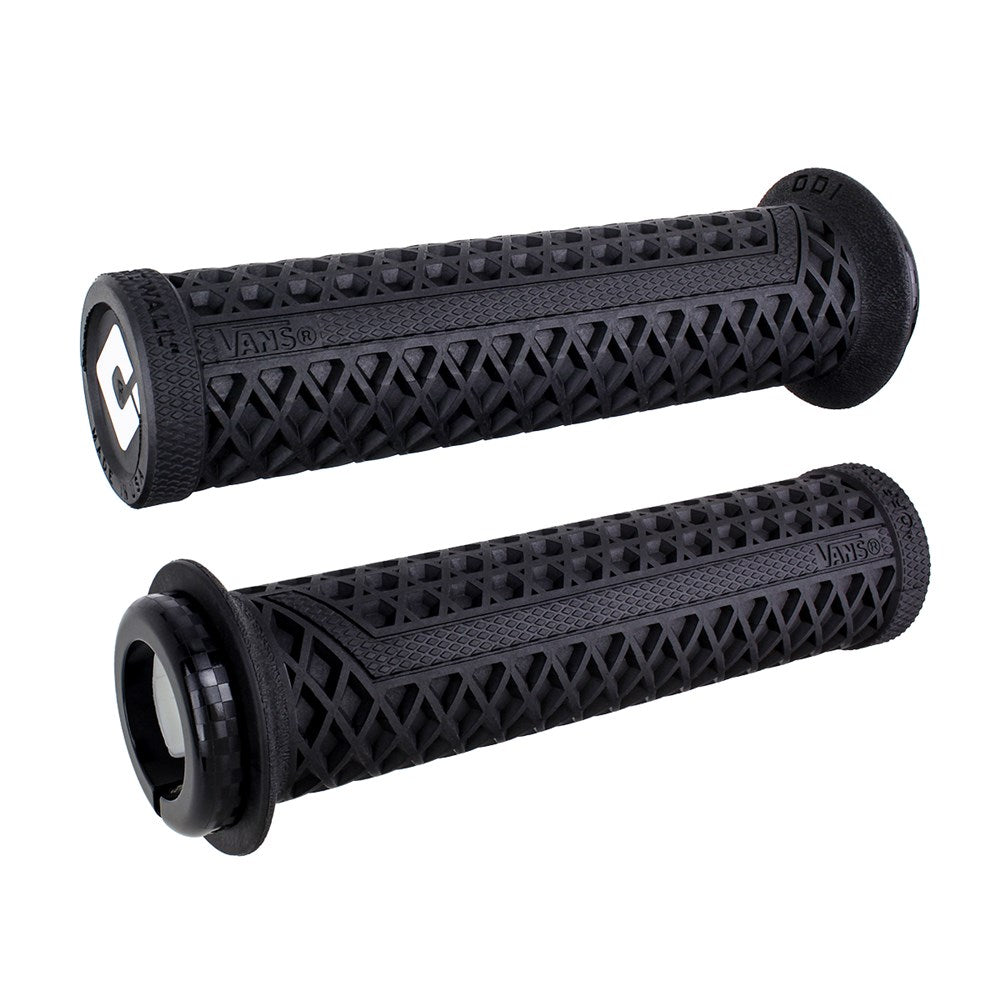 A pair of ODI BMX Vans Lock On Grip V2.1 featuring black textured handlebar grips with a diamond pattern and rounded ends, inspired by the iconic Vans waffle grip design.