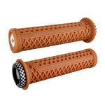 Two brown ODI BMX Vans Lock On Grip V2.1 handlebar grips featuring a Vans waffle grip and a black and white checkered end cap on one grip.