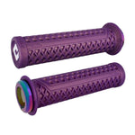 The ODI BMX Vans Lock On Grip V2.1 is a pair of purple bicycle handlebar grips with a textured diamond pattern reminiscent of Vans waffle grip, and circular end caps featuring metallic accents.