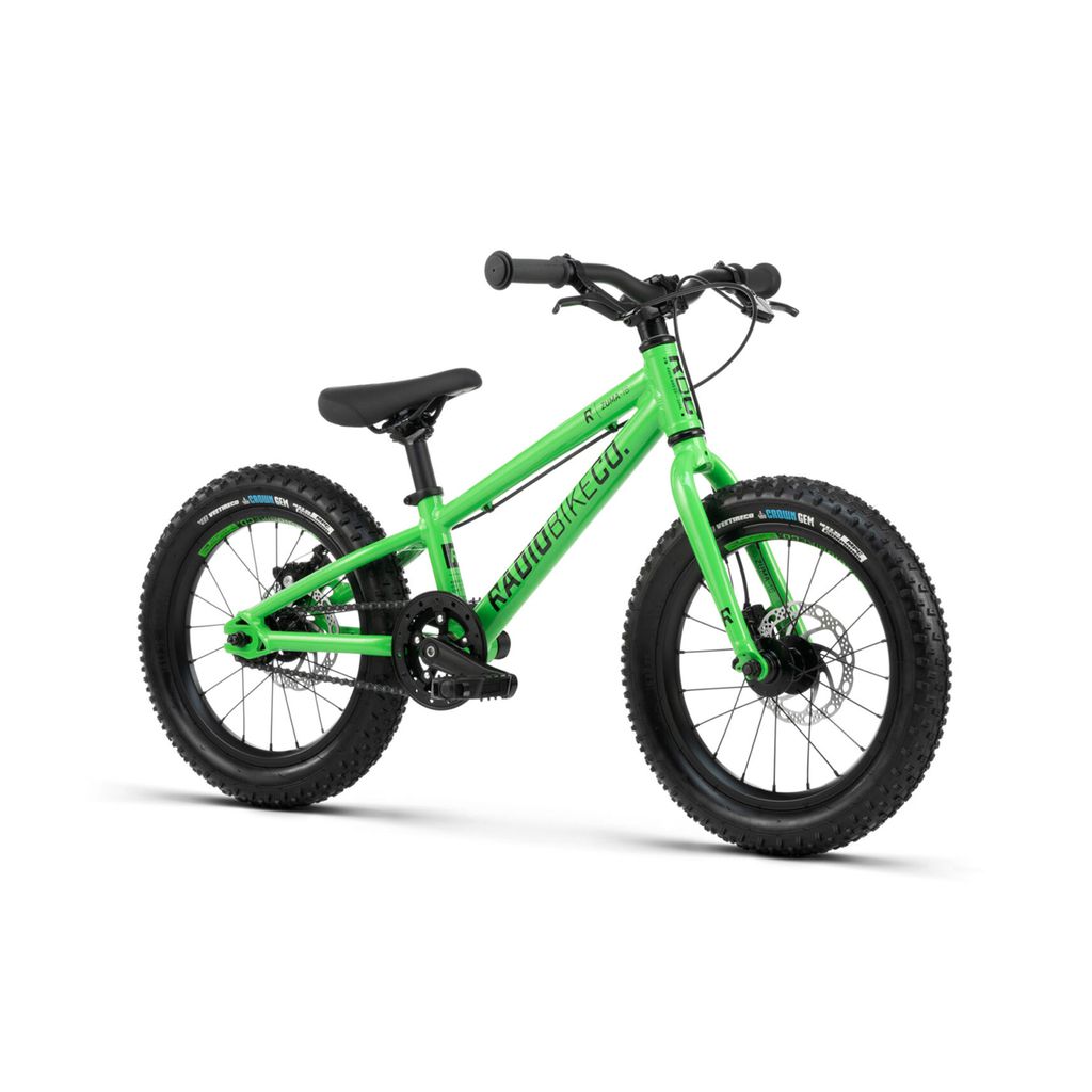 A green children's mountain bike with black tires and handlebars shown against a white background. The Radio 16 Inch Zuma Bike features a lightweight alloy frame, sturdy construction, and thick, knobby tires for off-road riding.