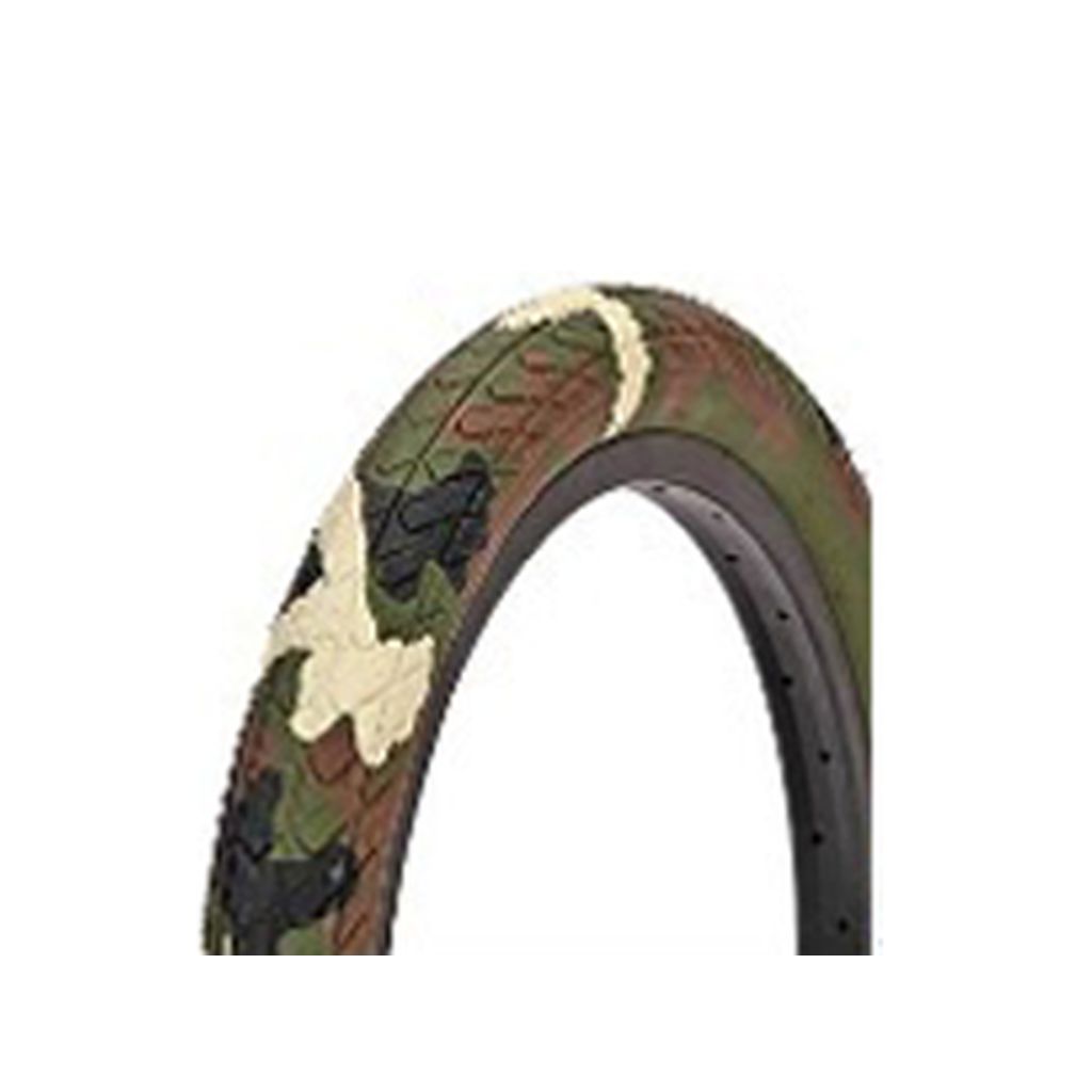 The DRS Arrow FS Coloured Tyre is a premium BMX accessory featuring a camouflage pattern in green, brown, black, and beige, designed to offer superior grip on any terrain.