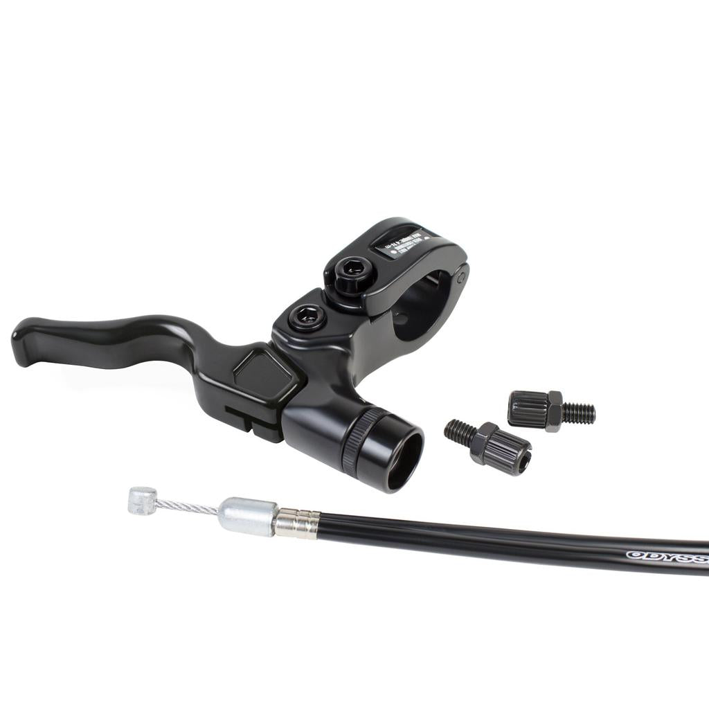 The Odyssey M2 Monolever Lever Kit, shown with handlebar attachment, cable, and dual small adjustment components on a white background, features a dual cable system to boost braking power for optimal performance.