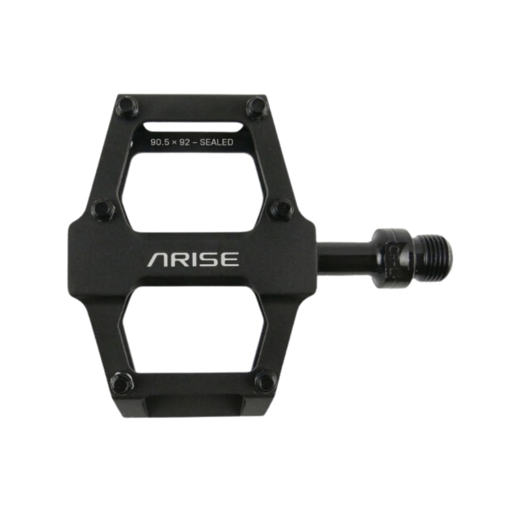 Close-up of an Arise Xenon Mini Pedal in black, made from CNC alloy. Its platform design ensures a super lightweight build and smooth rotation via sealed bearings, with "90.5 x 92 - SEALED" elegantly shown on the top bar.