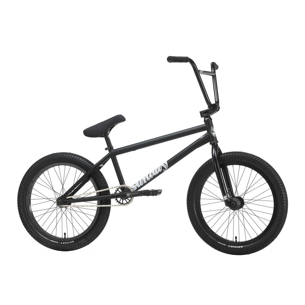 A Sunday Wavelength (Gary Young) Bike (2025) featuring a black BMX design, a sturdy frame, black handlebars, a black seat, and knobby Aitken Street tyres.