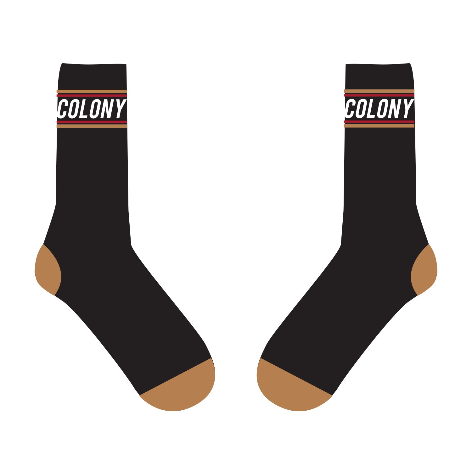 The Colony BMX Logo Socks feature a black color scheme with brown toes and heels, highlighted with the word "COLONY" and a red stripe near the top. Proudly part of the Logo Socks collection, these socks are Australian Made and ideal for any Colony BMX enthusiast.