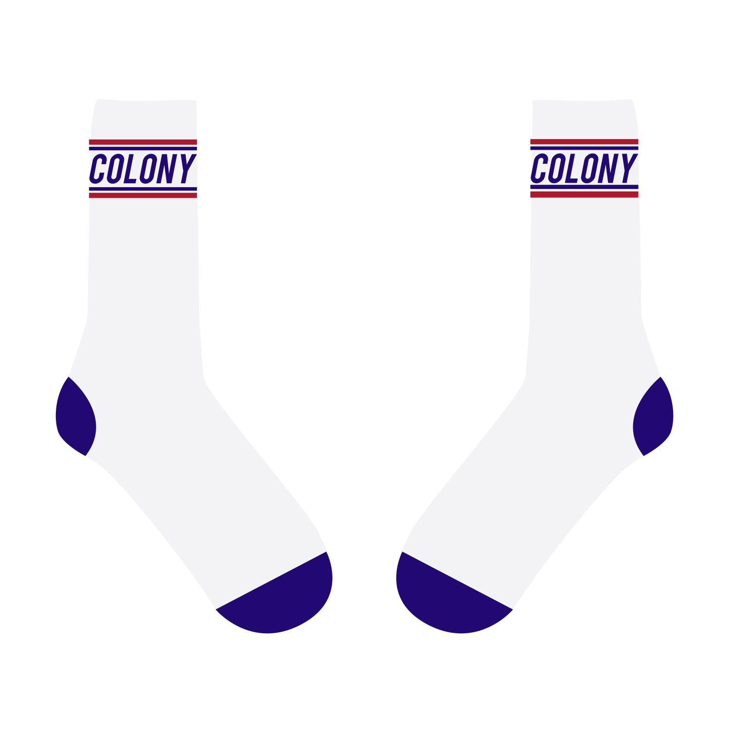 Depiction of the Colony BMX Logo Socks, showcasing a pair of white socks adorned with purple toes and heels. The bold "COLONY" text in purple contrasts beautifully against the backdrop, while vibrant red and purple stripes near the top enhance the style. These socks not only embody the spirit of Colony BMX but also highlight their status as proudly Australian Made.