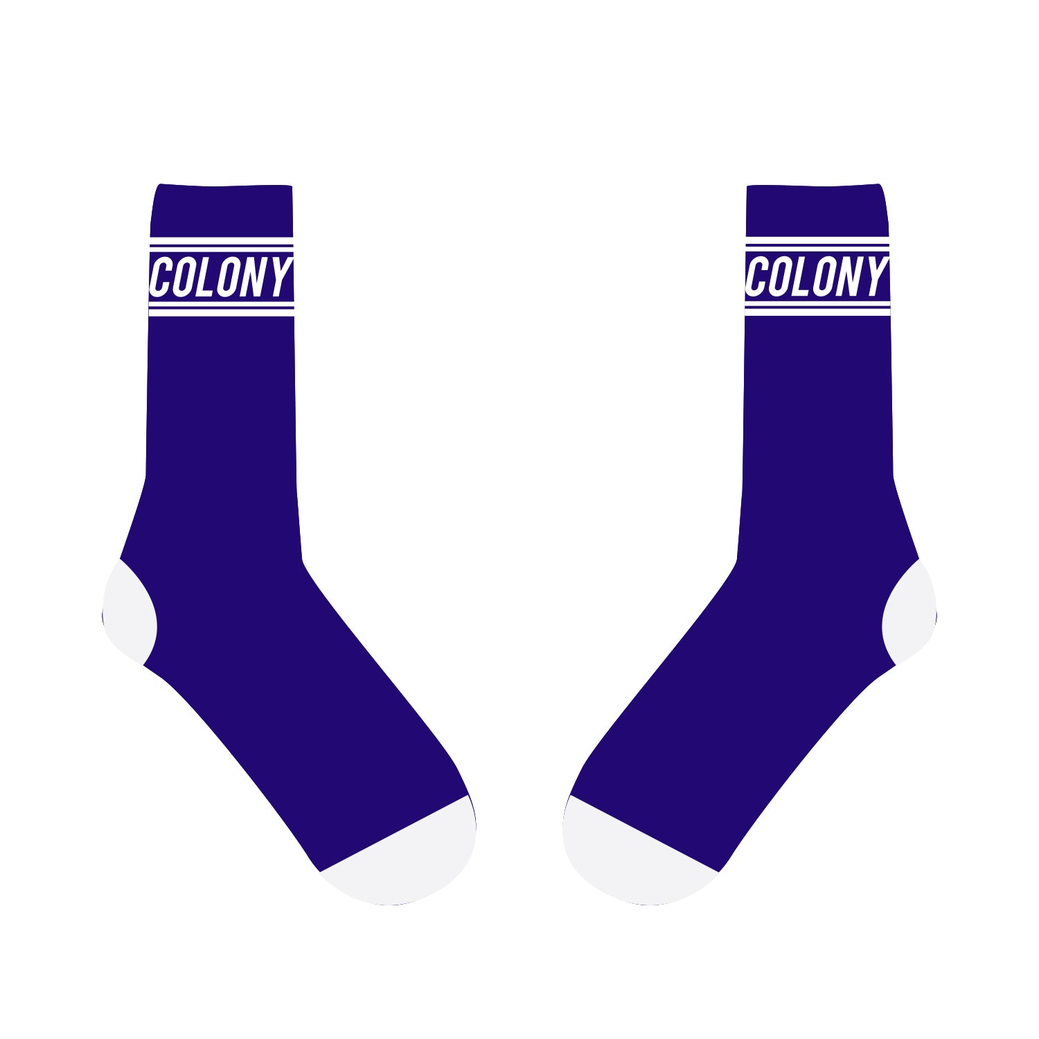 Colony BMX Logo Socks are a pair of blue socks with white toes and heels, emblazoned with the word "COLONY" in bold white on each cuff. These socks are a tribute to Colony BMX, designed with durability and style in mind, proudly made in Australia.