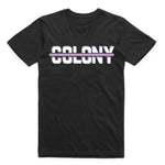 The Colony Strikethrough T-Shirt is a regular-fit black t-shirt that displays "COLONY" in white, with a purple line crossing through it. It's crafted from soft carded cotton.