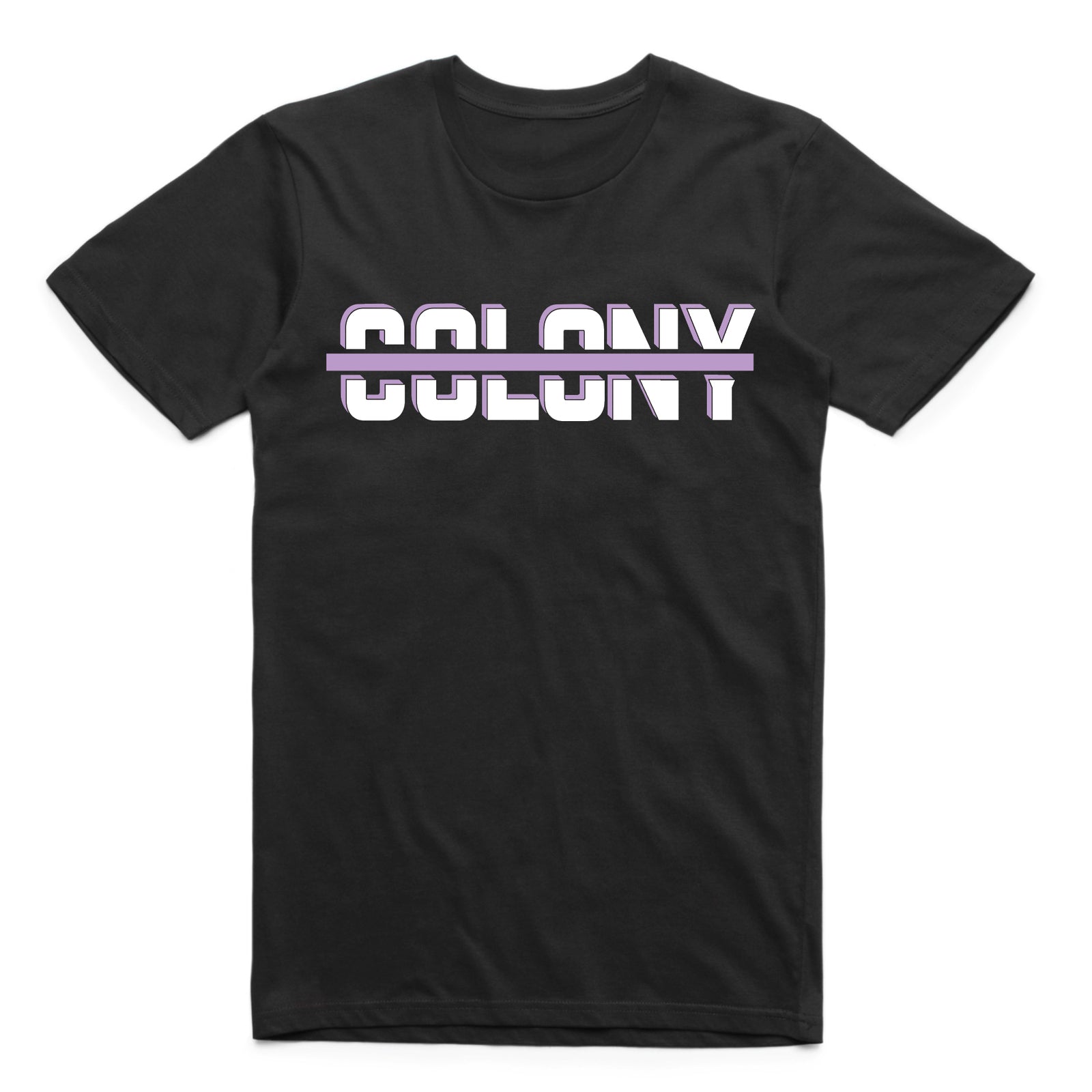 The Colony Strikethrough T-Shirt boasts a striking design with the word "COLONY" in white, accented by a purple strikethrough line. Crafted from high-quality carded cotton, this regular fit black tee merges comfort with a bold, edgy style.