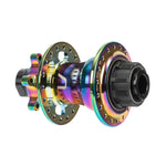 The Arise Echo Disc Rear Hub features a glossy, iridescent finish with multiple holes and a cylindrical attachment. This lightweight hub shell incorporates a double ratchet system to boost performance.