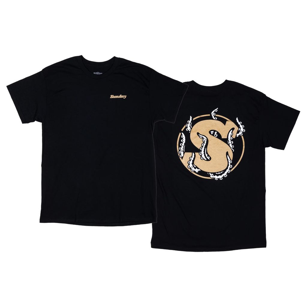 The Sunday Darkwave T-Shirt showcases a sophisticated "Sunday" text on the front and an eye-catching gold and white dragon design on the back, capturing an edgy darkwave aesthetic.