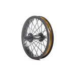 The Colony Horizon 12 Inch Front Wheel, featuring a black and gold design with spokes and a visible hub, is positioned upright against a white background.