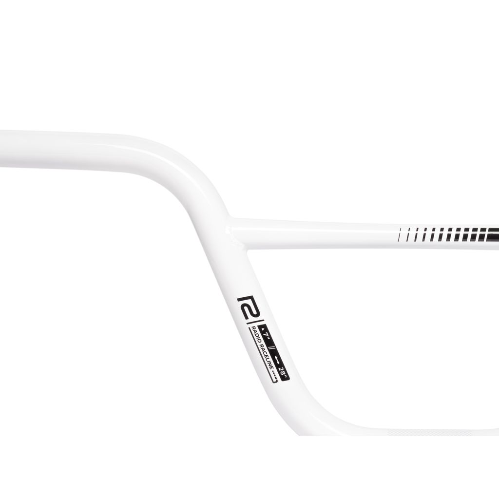 Close-up image of a white Radio Raceline Neon Pro Handlebar with a clean, sleek design and minimal black detailing.