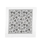 A white S&M Bandana with a black paisley print pattern, bordered by a simple dotted line design.