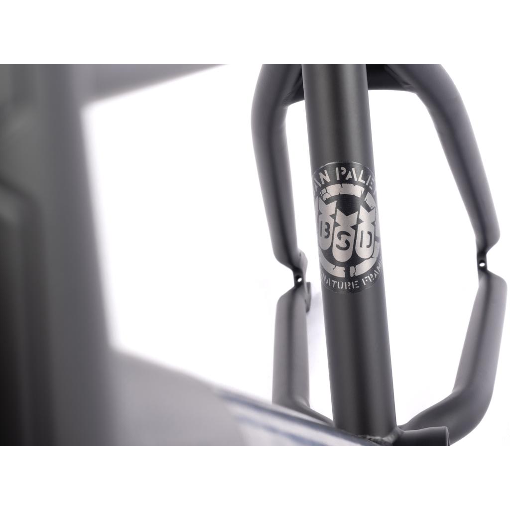 A BMX frame close-up showcases the round logo with "Taiwan Palm 356 Nature Print." The dark metallic BSD Soulja V4 Frame (2022) features SuperScoop chainstays for a sleek, smooth finish.