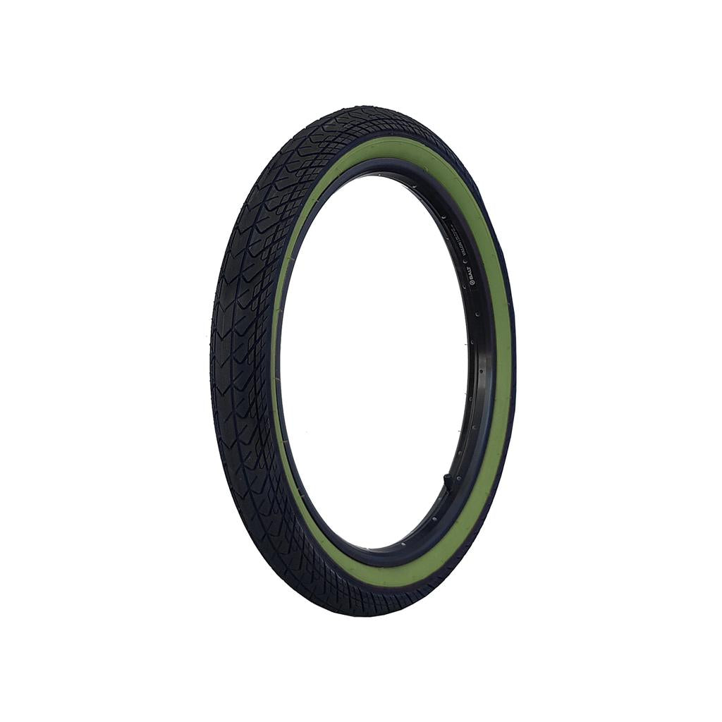 A DRS Arrow FS 20 Inch Tyre with a green sidewall and black tread pattern.