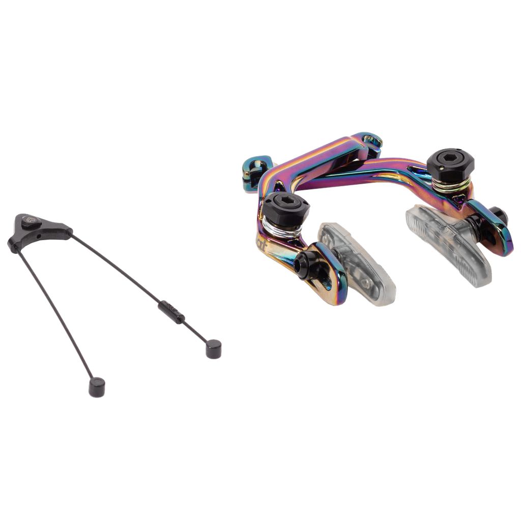 Two sets of Eclat The Unit Brake with a forged alloy construction and a multicolored finish, one pair featuring wheels, displayed on a white background.