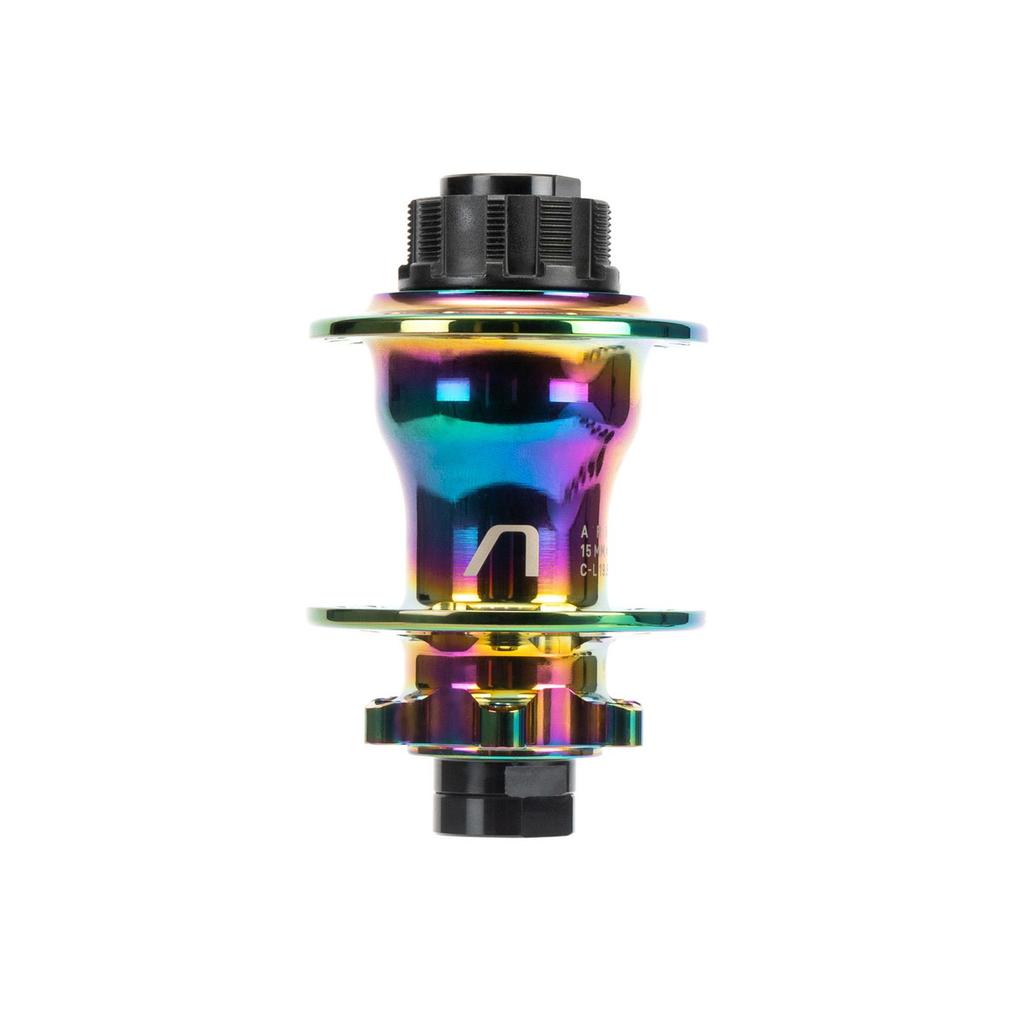 The Arise Echo Disc Rear Hub boasts a lightweight, multi-colored hub shell with a glossy, iridescent finish and is enhanced by a double ratchet system.