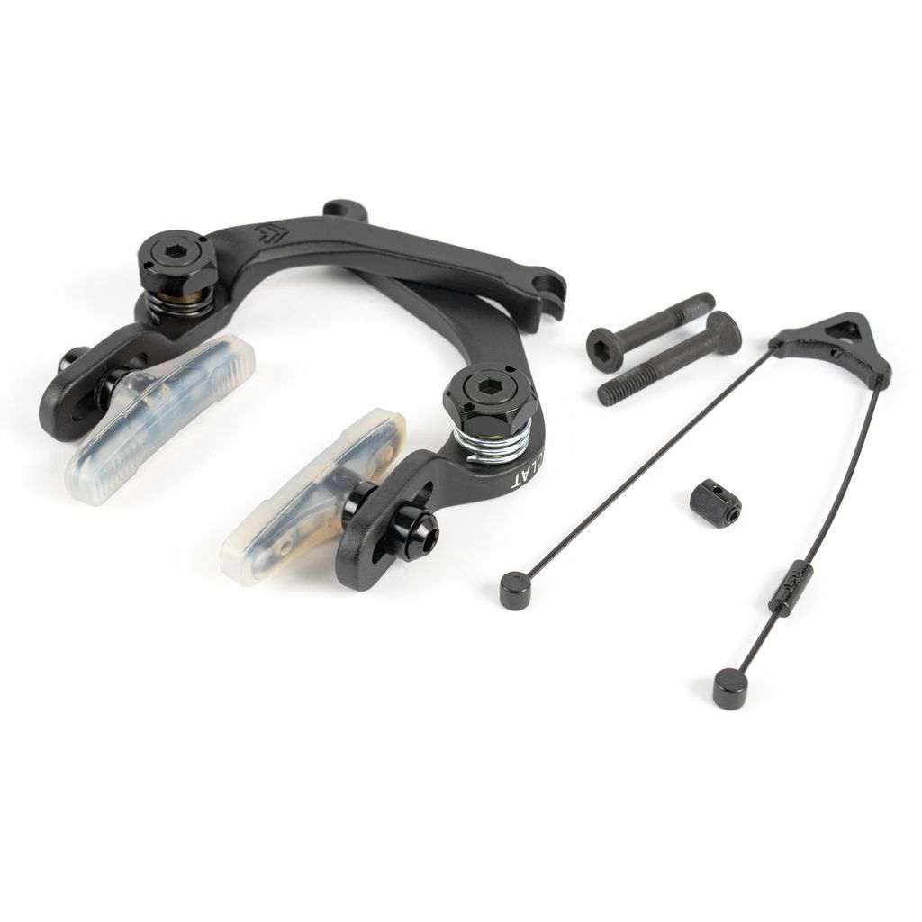 A black Éclat Device U-Brake kit made from melt-forged alloy includes Éclat brake pads, screws, and cables, presented on a white background.