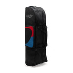 A black cricket kit bag with a blue and red design on the side, featuring the "DK" brand logo, similar to a stylish DK Golf Flight Bike Bag.